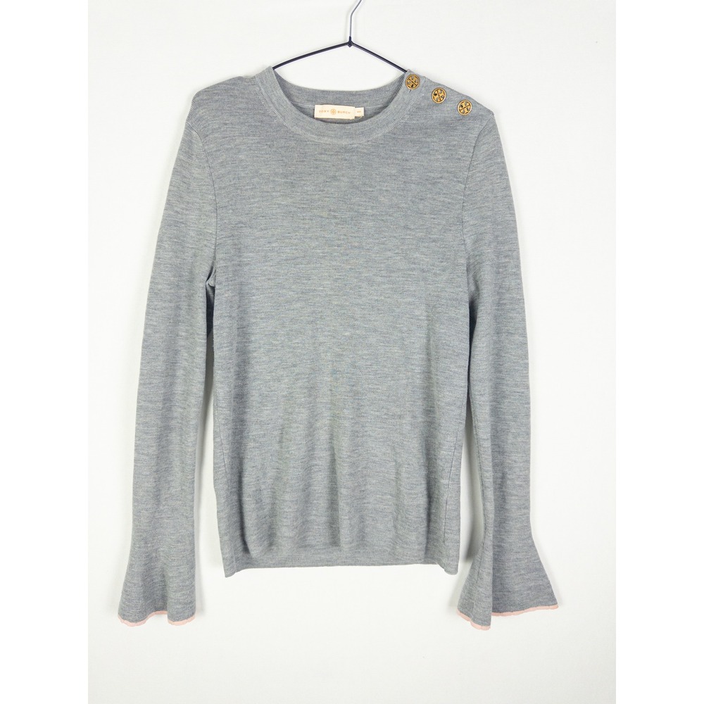 Tory Burch Merino Wool Crewneck Sweater Womens M Gray Bell Sleeve Gold Logo Quie